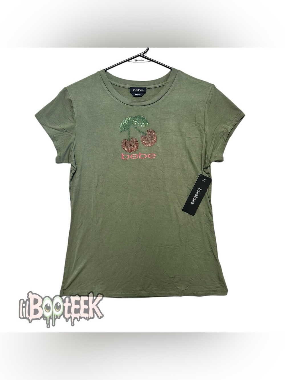 Bebe Ladies LG Olive Green Short Sleeve Tee w Rhinestone Cherries NEW VIRAL Y2K